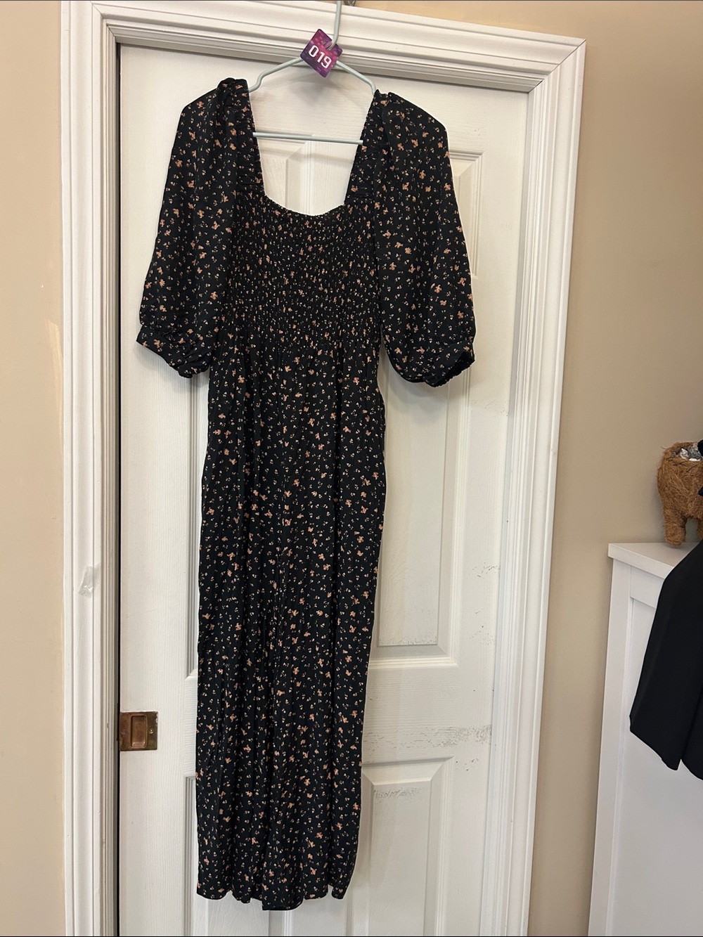 Madewell Black Midi jumpsuit with Peach Floral Print and Puff Sleeves